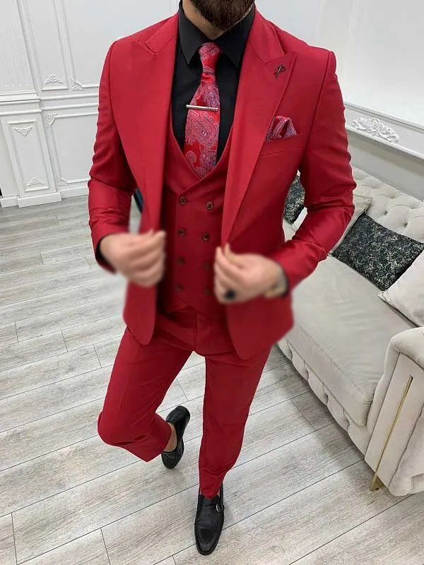 3 Piece Wedding Red Tuxedo Suit For Mens