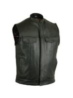 Black Zipper And Button Leather Vest For Men's