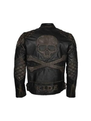 Skull And Bones Distressed Black Leather Jacket For Mens