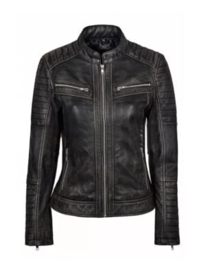 Women's Vintage Black Distressed Leather Biker Jacket