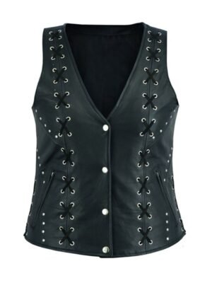 Lace Work Design Black Leather Vest For Women’s