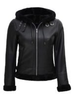 Womens Hooded Shearling Black Jacket