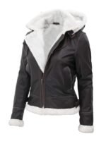 Womens Bomber Fur Lined Leather Jacket with Removable Hood