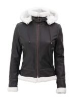 Womens Bomber Leather Jacket with Removable Hood