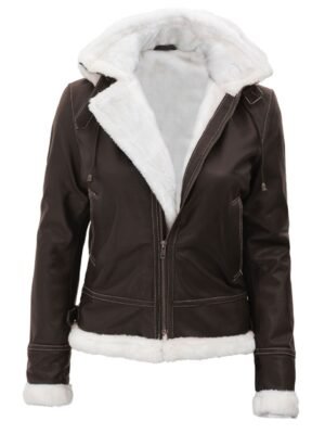 Womens Brown Shearling Removable Hood Jacket