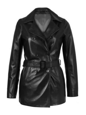 Carissa Black Belted 3_4 Long Leather Coat For Women's