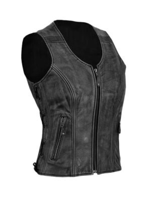 Classic Black Distressed Biker Leather Vest For Women’s