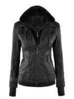 Hooded Biker Leather Jacket For Women's