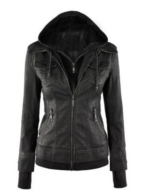 Hooded Biker Leather Jacket For Women's