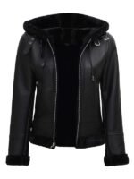 Womens Black Leather Hooded Shearling Jacket