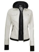 Womens Off White Leather BomberHood Jacket with