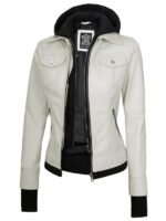 Women's Off White Leather Bomber Jacket with Removable Hood