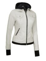 Womens Off White Leather Bomber Jacket with Hood