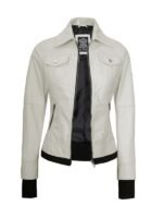 Womens Off White Leather Bomber with Jacket Hood