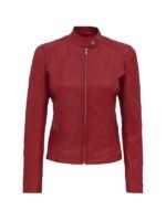 Womens Quilted Red Cafe Racer Leather Jacket