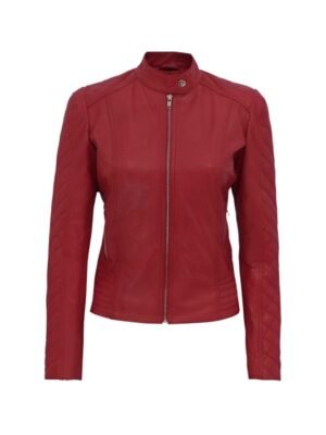 Womens Quilted Red Cafe Racer Leather Jacket