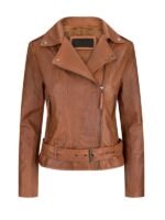 Women’s Asymmetrical Tan Brown Leather Biker Jacket