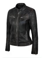 Vintage Women Black Distressed Leather Biker Jacket