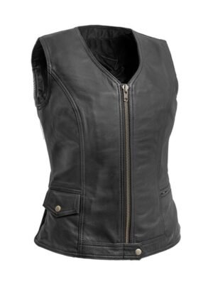 Women’s Zipper Biker Club Black Leather Vest