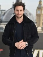 Aaron Taylor-Johnson Movie Premiere 2024 Kraven The Hunter Black Suede Leather Bomber Jacket