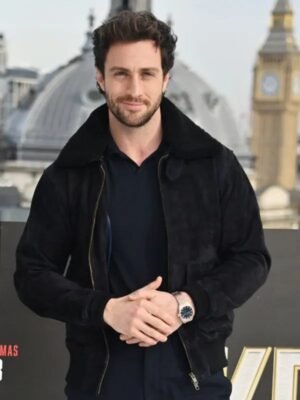 Aaron Taylor-Johnson Movie Premiere 2024 Kraven The Hunter Black Suede Leather Bomber Jacket